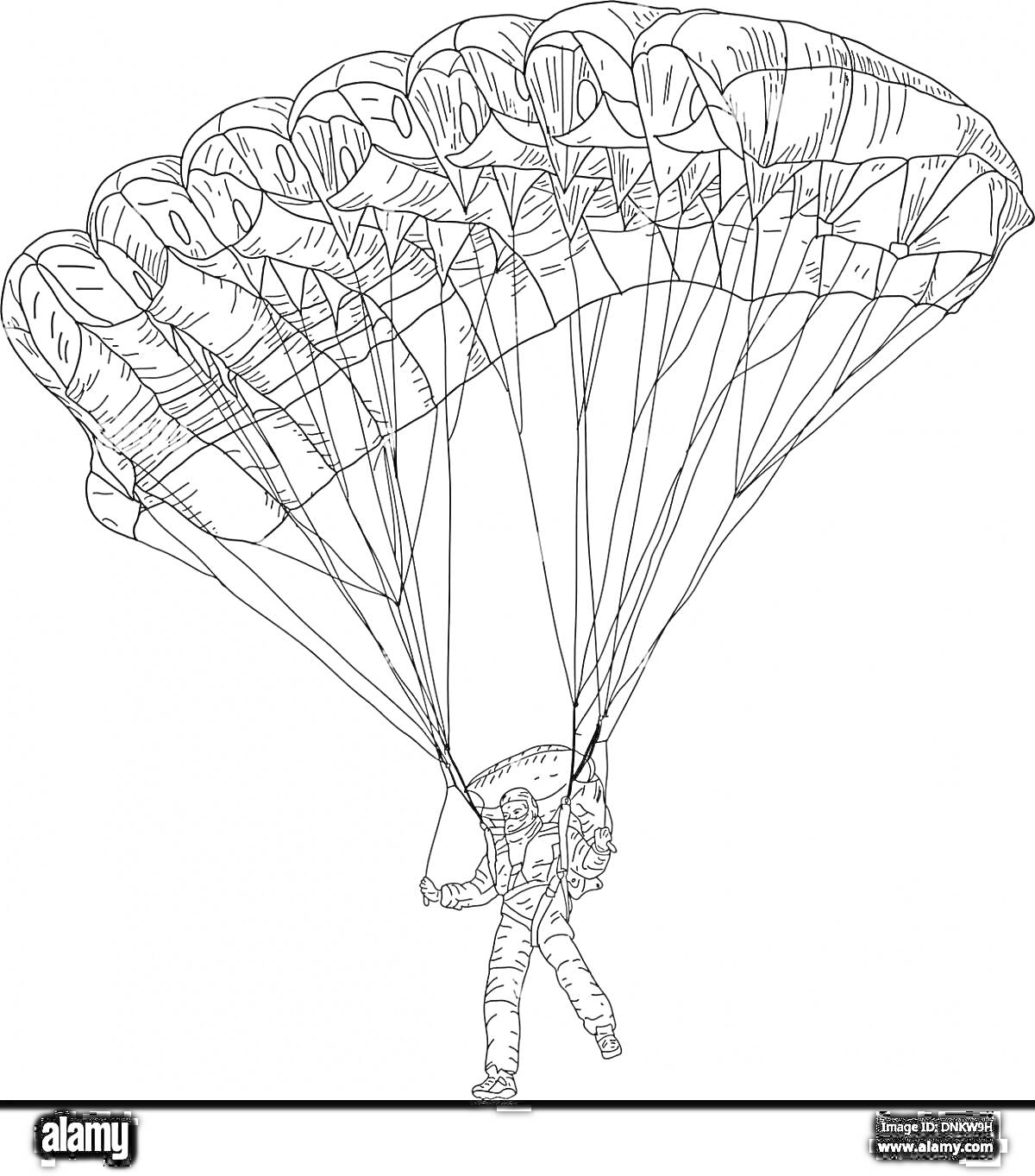 Раскраска Военный парашютист с раскрытым парашютом