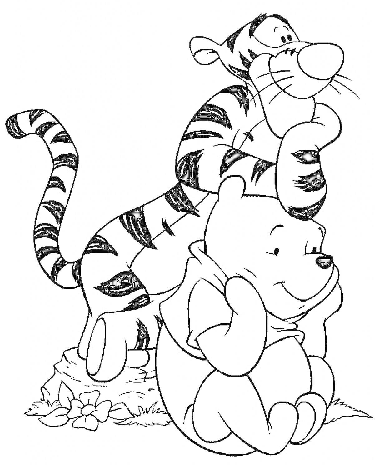 На раскраске изображено: Тигр, Медведь, Цветы, Дружба