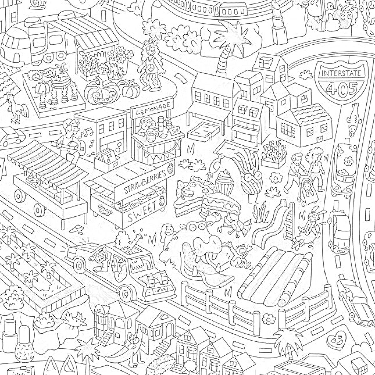 Раскраска Городская сцена Икеа с фруктовым магазином, автомагазином, дорожным знаком Interstate 405, детскими горками, детским парком с динозаврами и автомобили, дорожные знаки и зданиями на заднем плане.