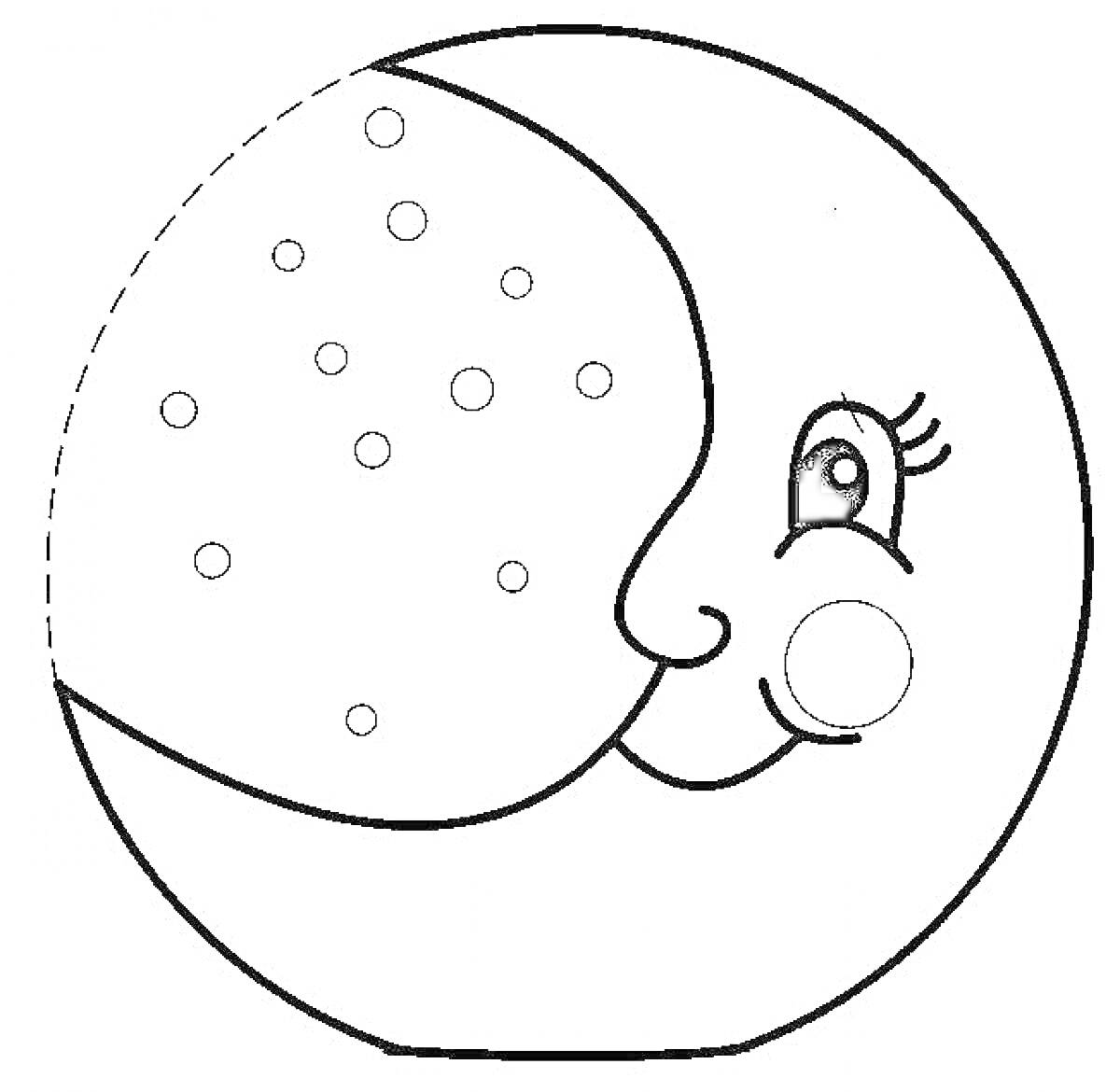 Луна с личиком, закрытая радужным полукругом с кругами