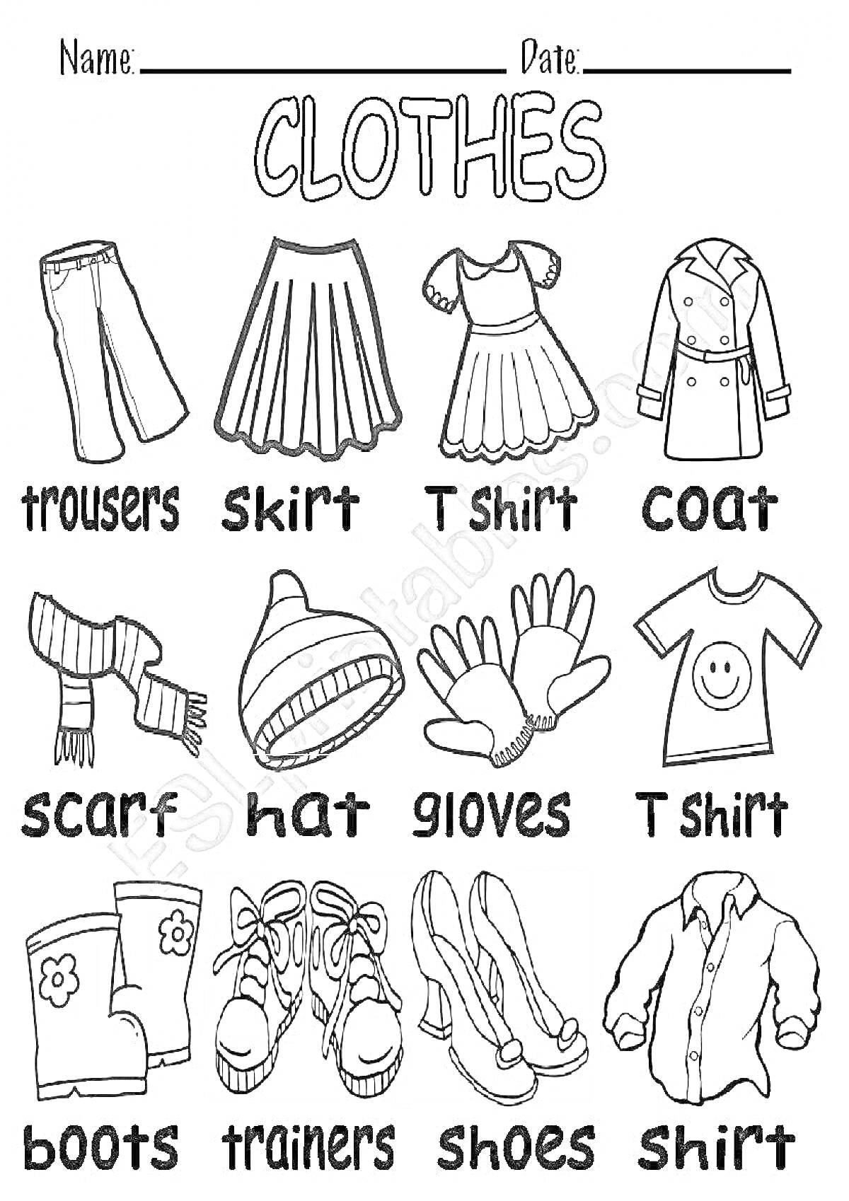 Clothes: trousers, skirt, T-shirt, coat, scarf, hat, gloves, T-shirt, boots, trainers, shoes, shirt