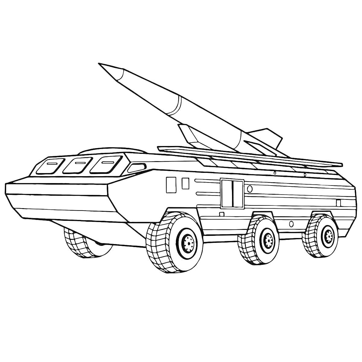 Раскраска Военная техника - ракетная установка на колёсах с ракетой