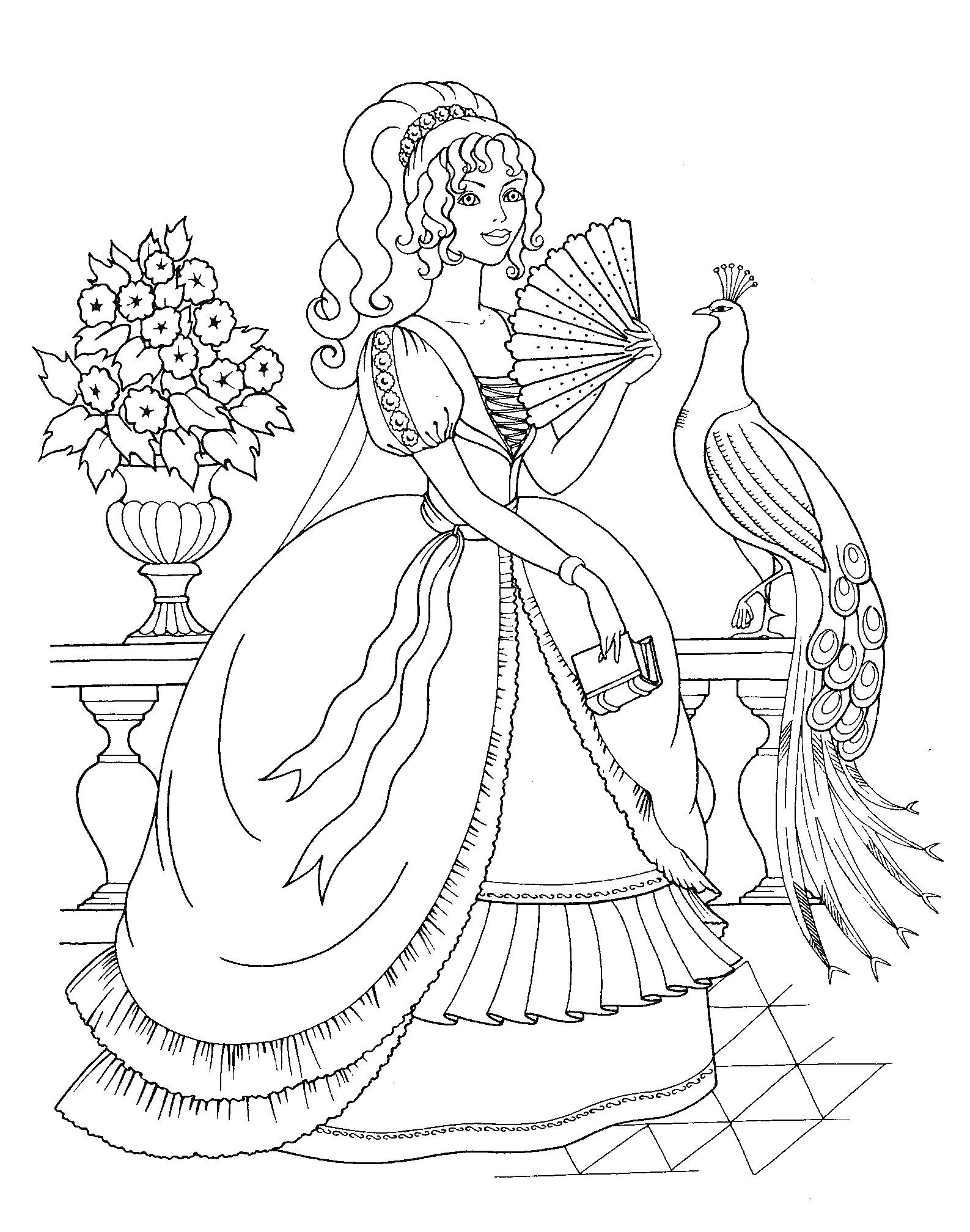 Раскраска Принцесса с веером и павлином возле цветочной вазы