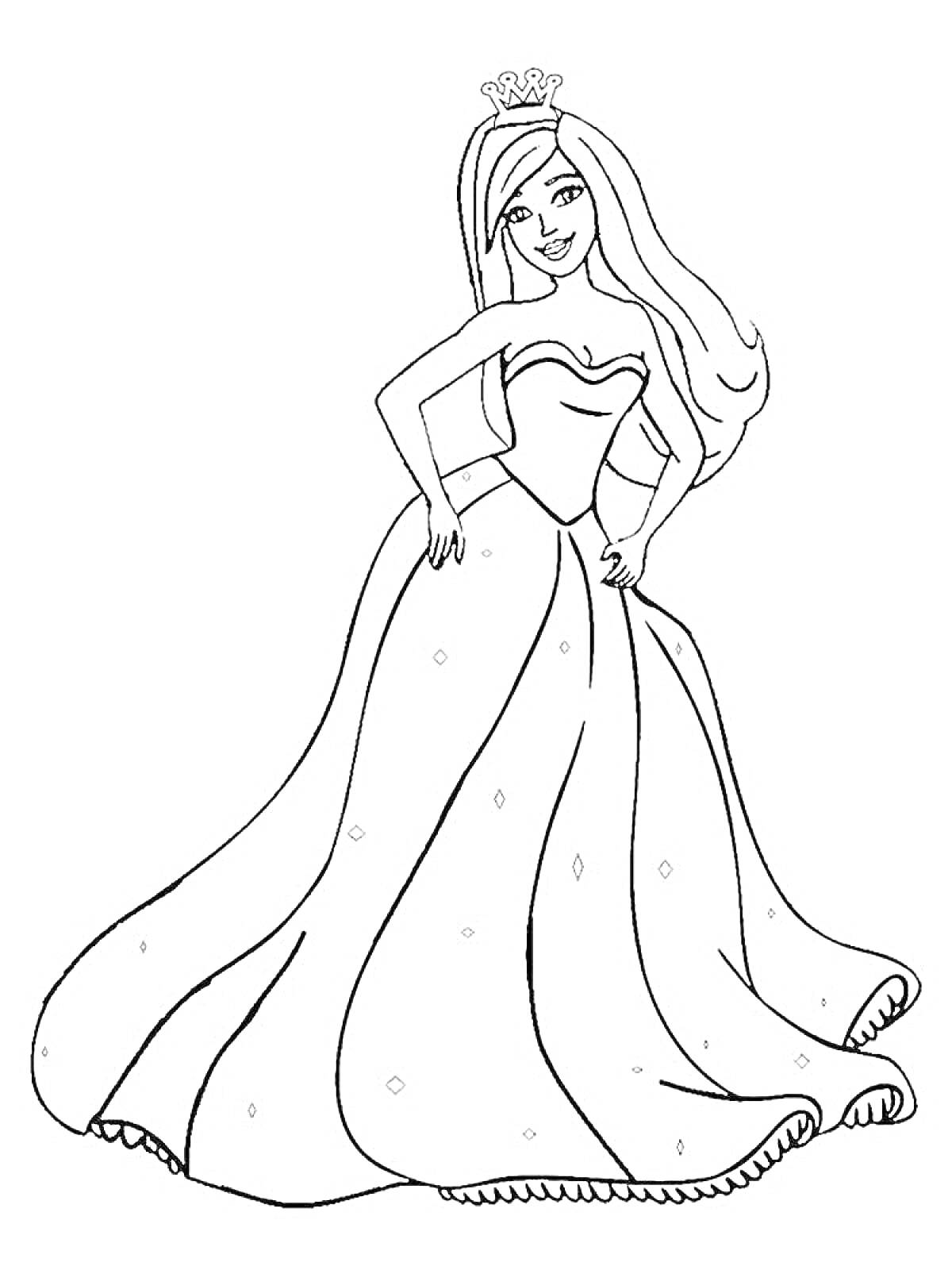 Раскраска Принцесса в красивом длинном платье с короной на голове