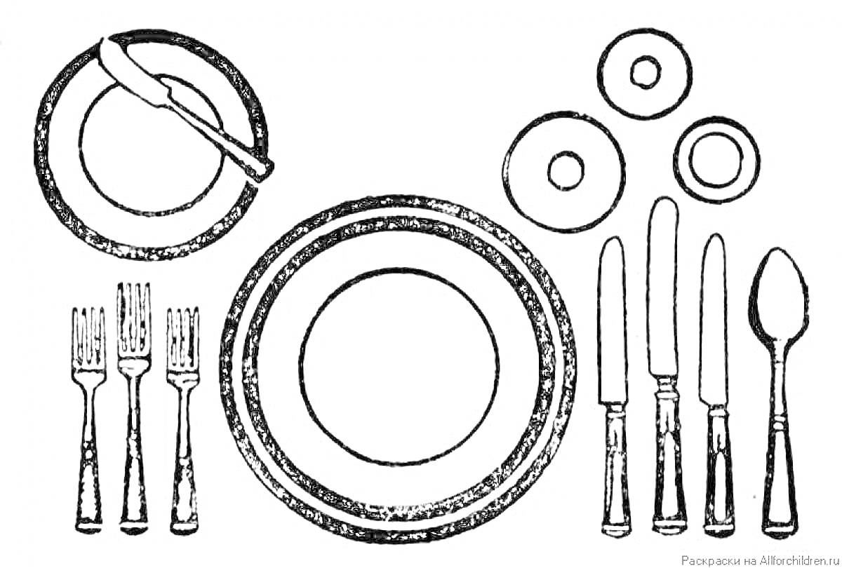 Раскраска обеденная сервировка с тарелками, вилками, ножами, ложкой и чашками