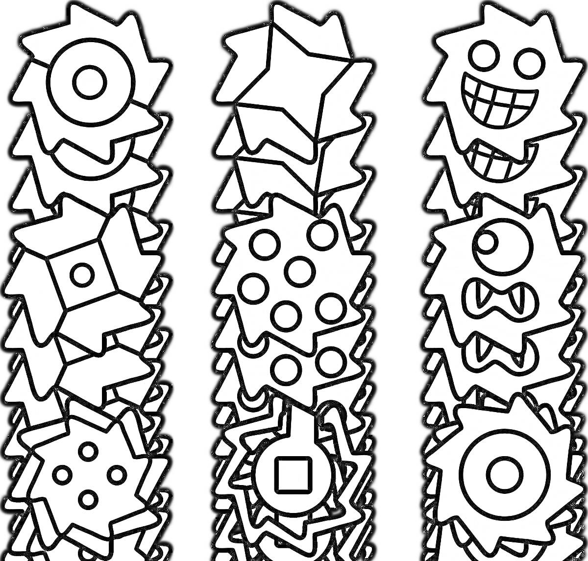 Раскраска Разнообразные шестеренки из Geometry Dash с разными формами и выражениями лиц