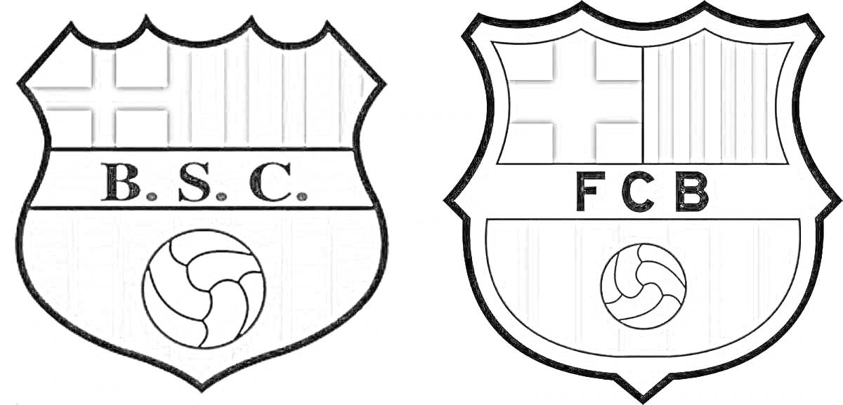 Раскраска Эмблемы футбольного клуба Барселона с логотипами B.S.C. и FCB, мяч, кресты, полосы
