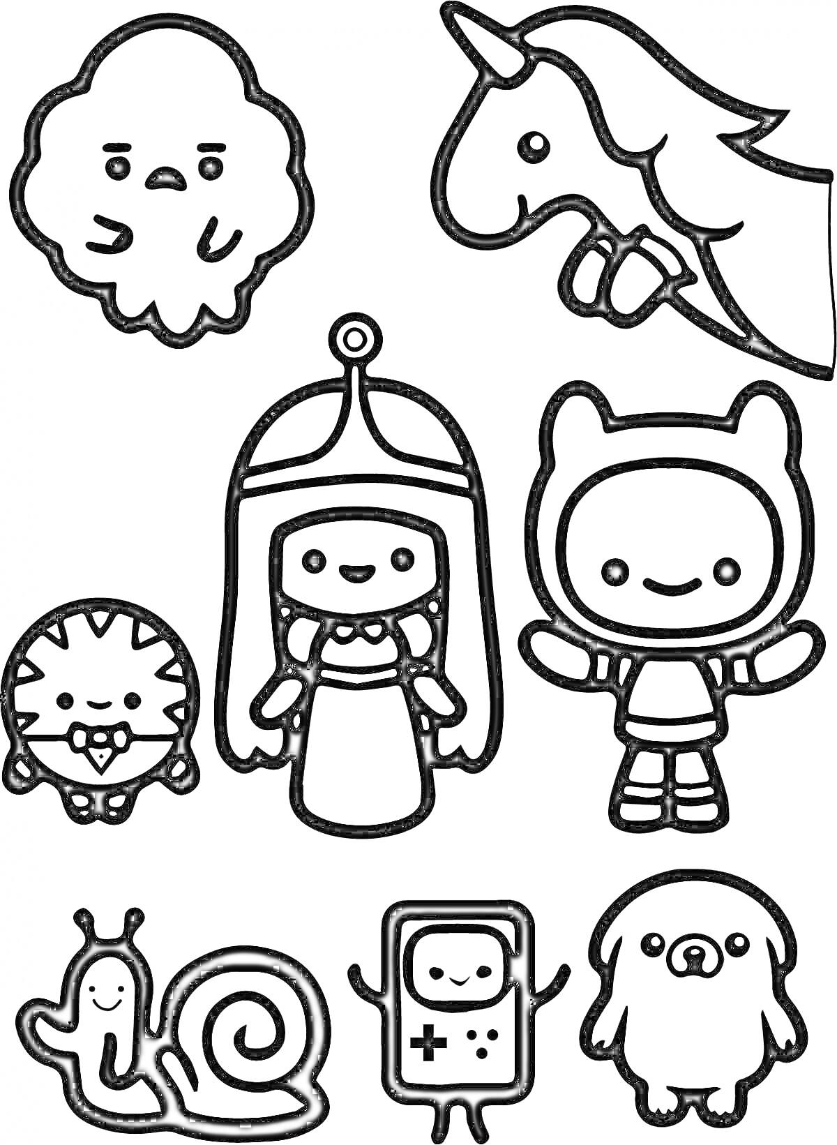 Раскраска Облако, единорог, человек-тигр, принцесса, ребенок в костюме, улитка, игровая консоль, собака