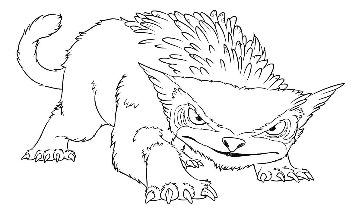 Раскраска Сказочный зверь с длинным хвостом, острыми когтями и неугомонным взглядом