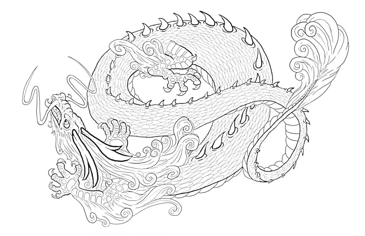 Раскраска Китайский дракон с рогами, гребнями, усами и изогнутым телом
