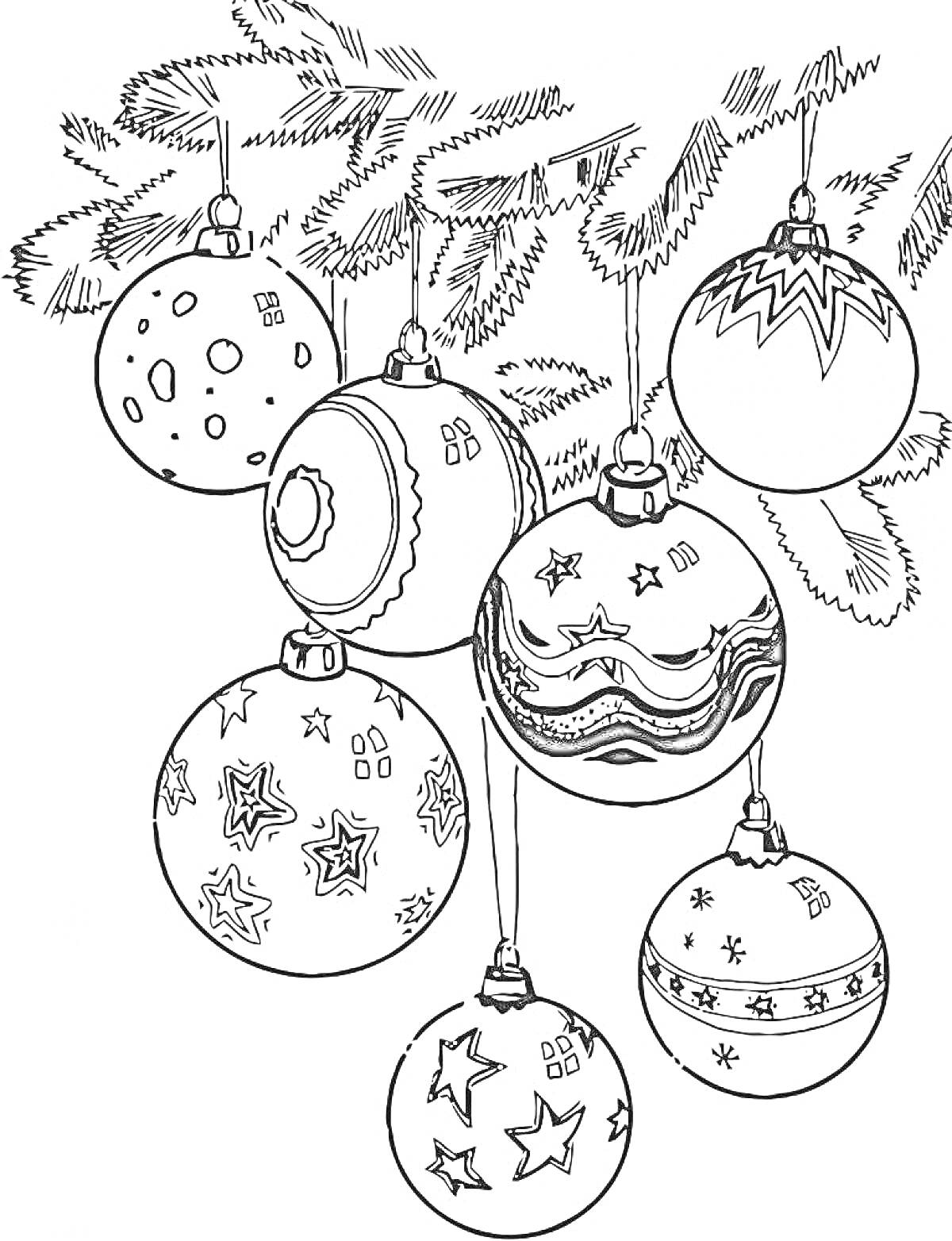 На раскраске изображено: Елочные игрушки, Новогодние шары, Узоры, Звезды, Полосы, Ветка, Новый год, Елки