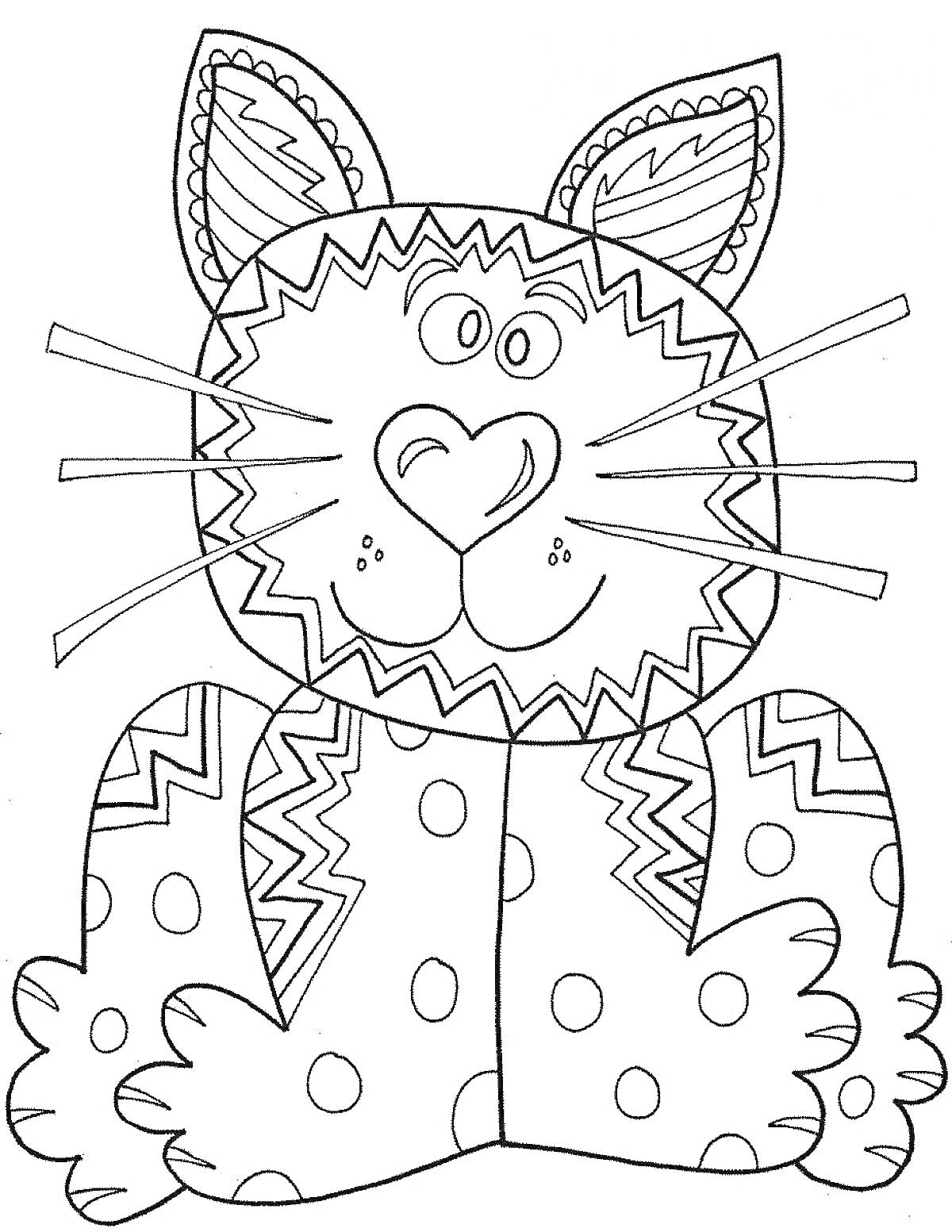 Раскраска Кот с полосатыми ушами, узором на щеках и лапах, и горошками на теле