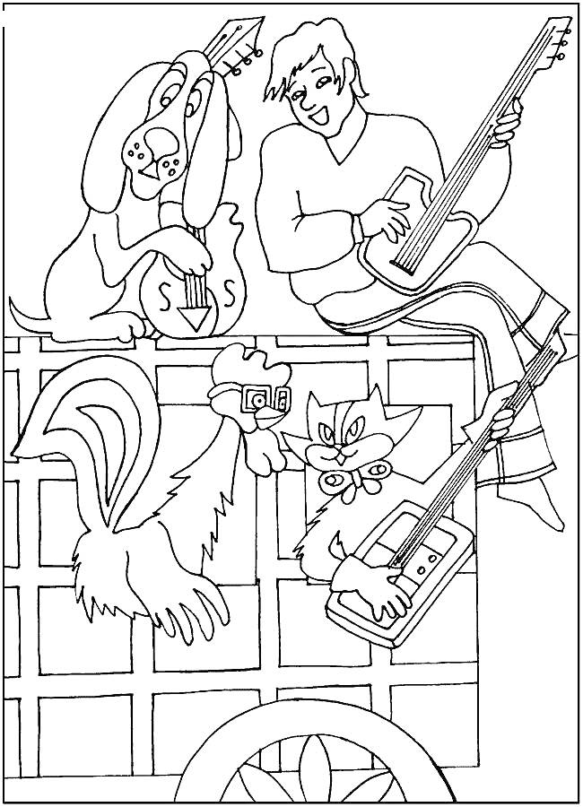 Раскраска Музыканты, кот, петух, собака и человек играют на музыкальных инструментах на фургоне