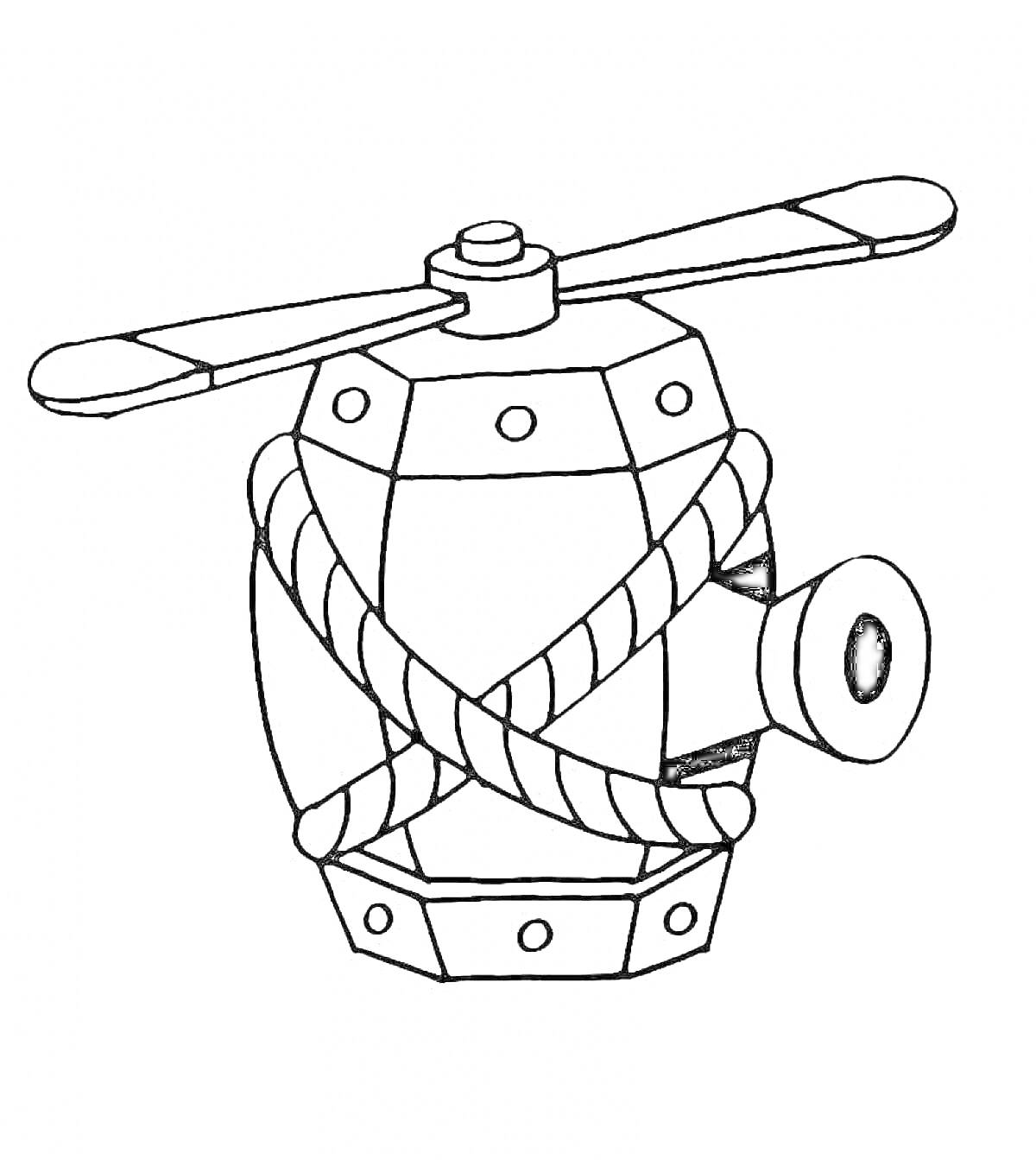 Раскраска Летающая бочка с пропеллером, обмотанная веревкой