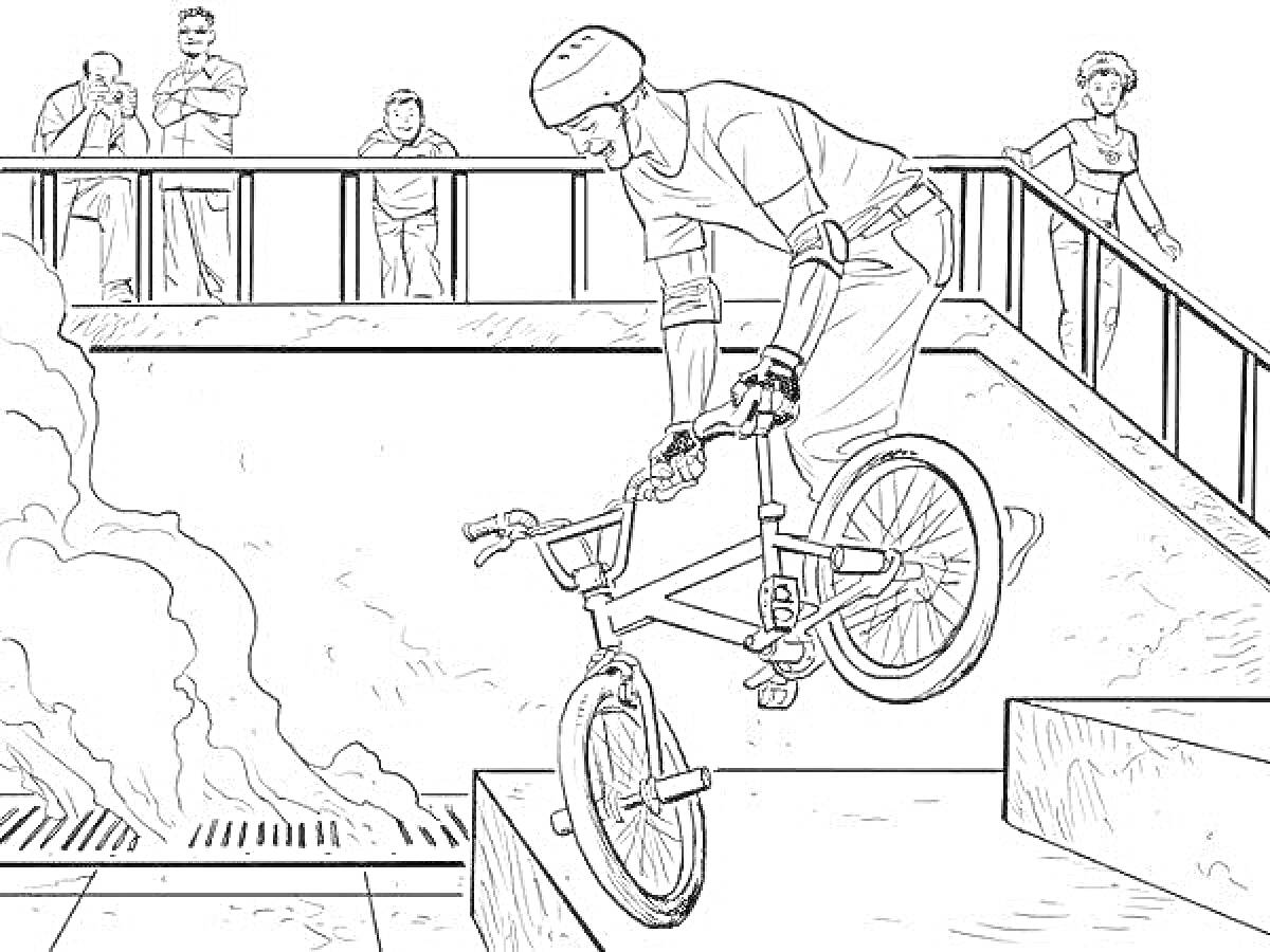 Раскраска Человек выполняет трюки на BMX велосипедах с наблюдателями на заднем плане