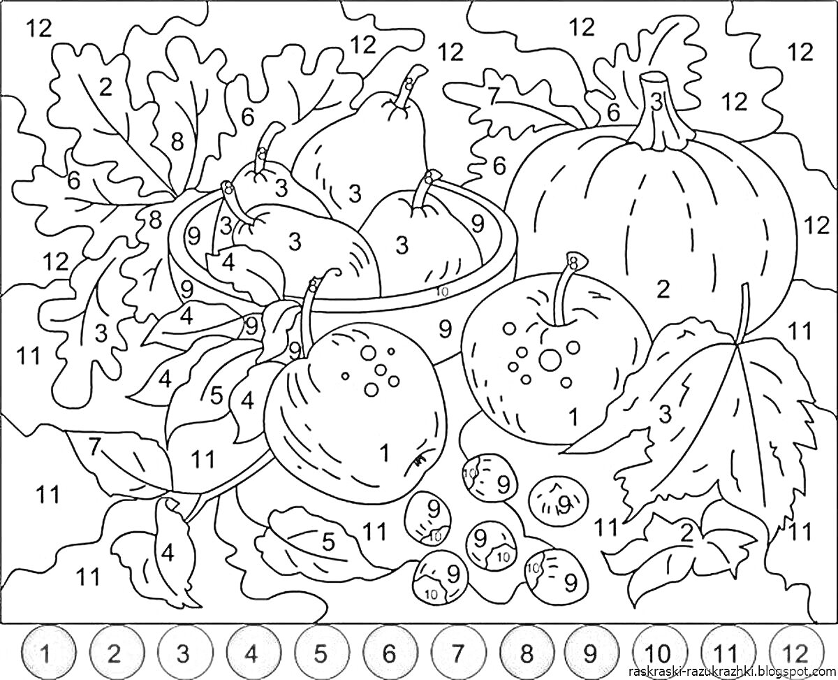 На раскраске изображено: Фрукты, Овощи, Тыква, Груши, Корзина, Осенние листья, Ягоды, Для детей