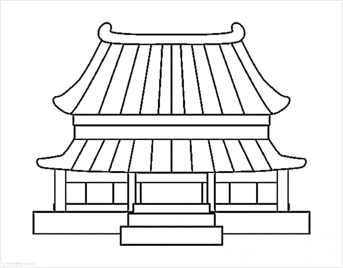Раскраска Традиционный японский дом с двухуровневой крышей и фронтальными ступенями