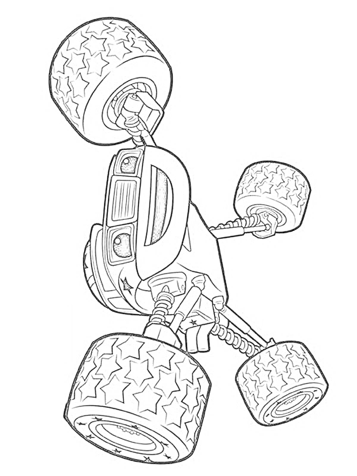 Раскраска Монстр-трак с большими колёсами, звездочками и улыбающимся лицом