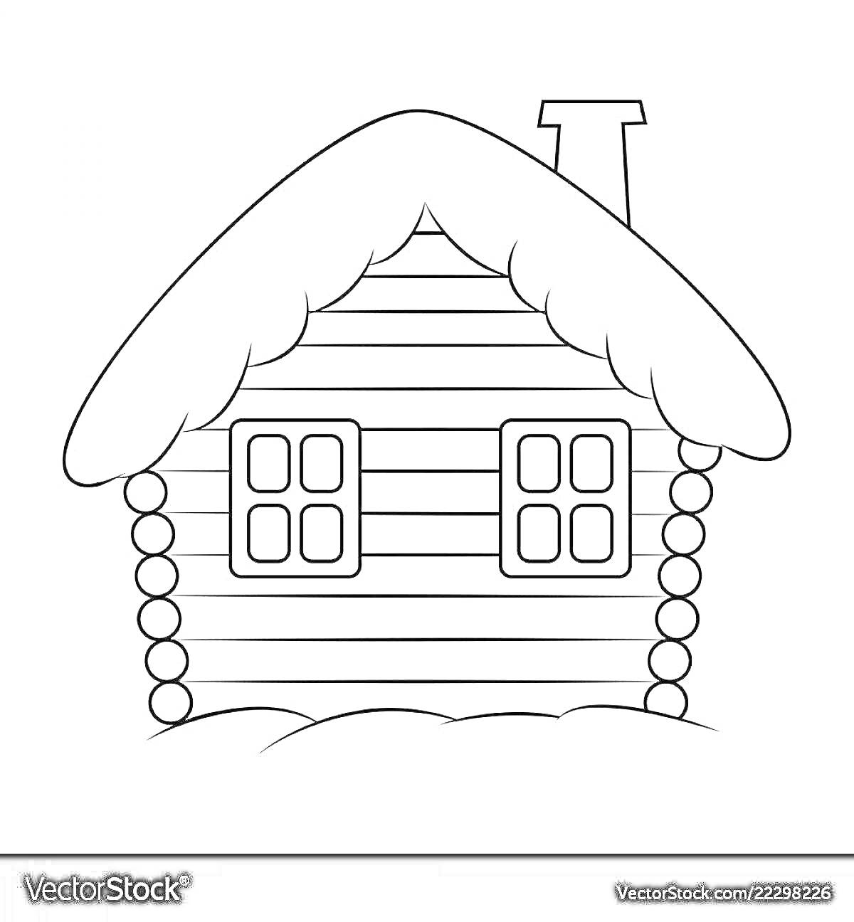 На раскраске изображено: Деревянный дом, Зима, Снег, Крыша, Труба, Окна, Здание