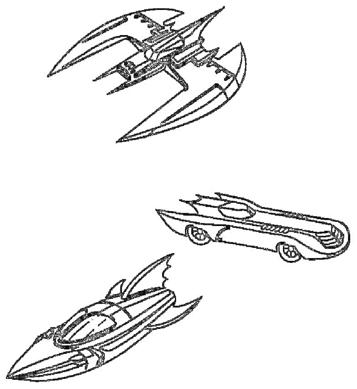 Раскраска Три вида Бэтмобиля: летательный аппарат, классический автомобиль, подводный автомобиль