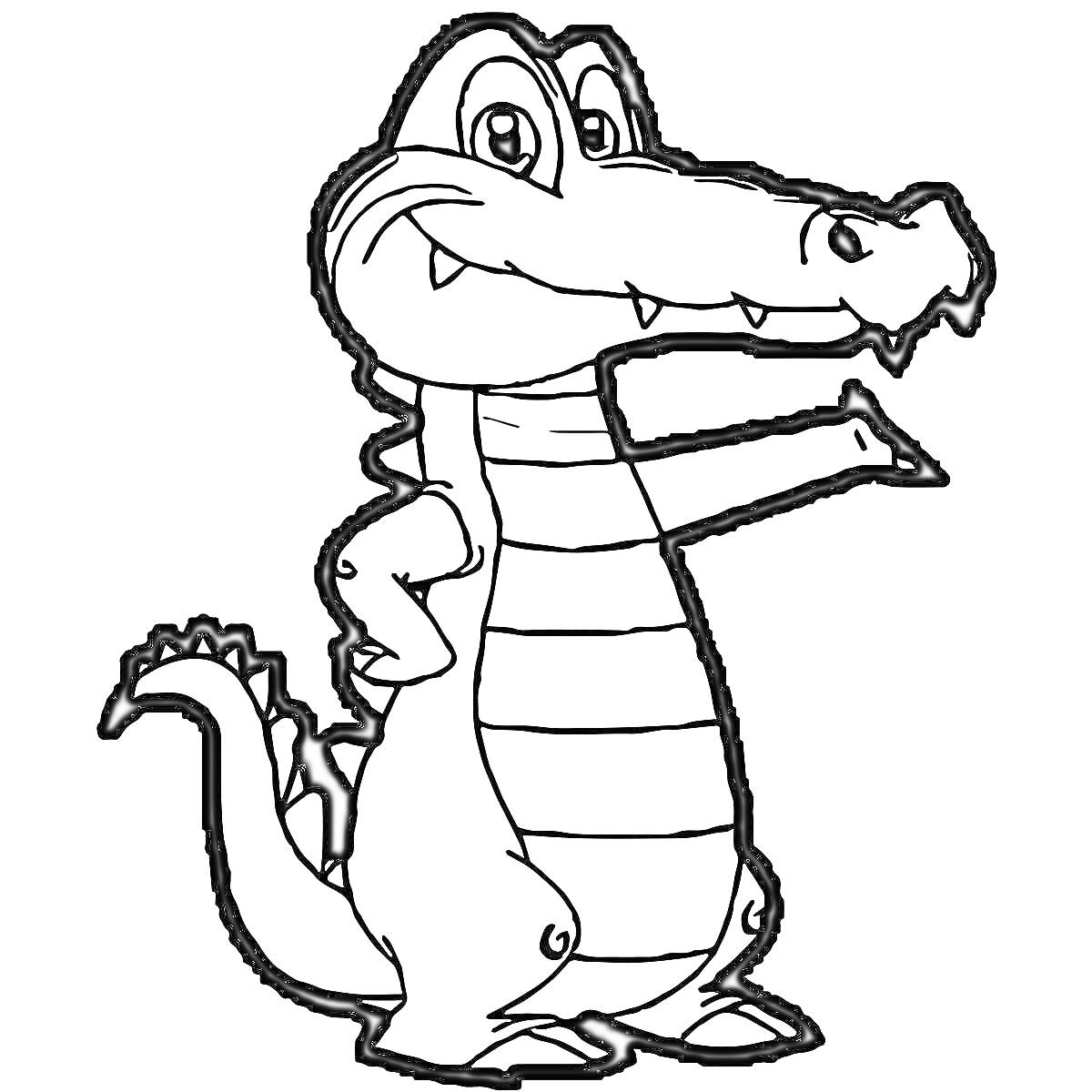 Раскраска Крокодил с полосатым животом и хвостом, стоящий на лапах, с открытым ртом и острыми зубами