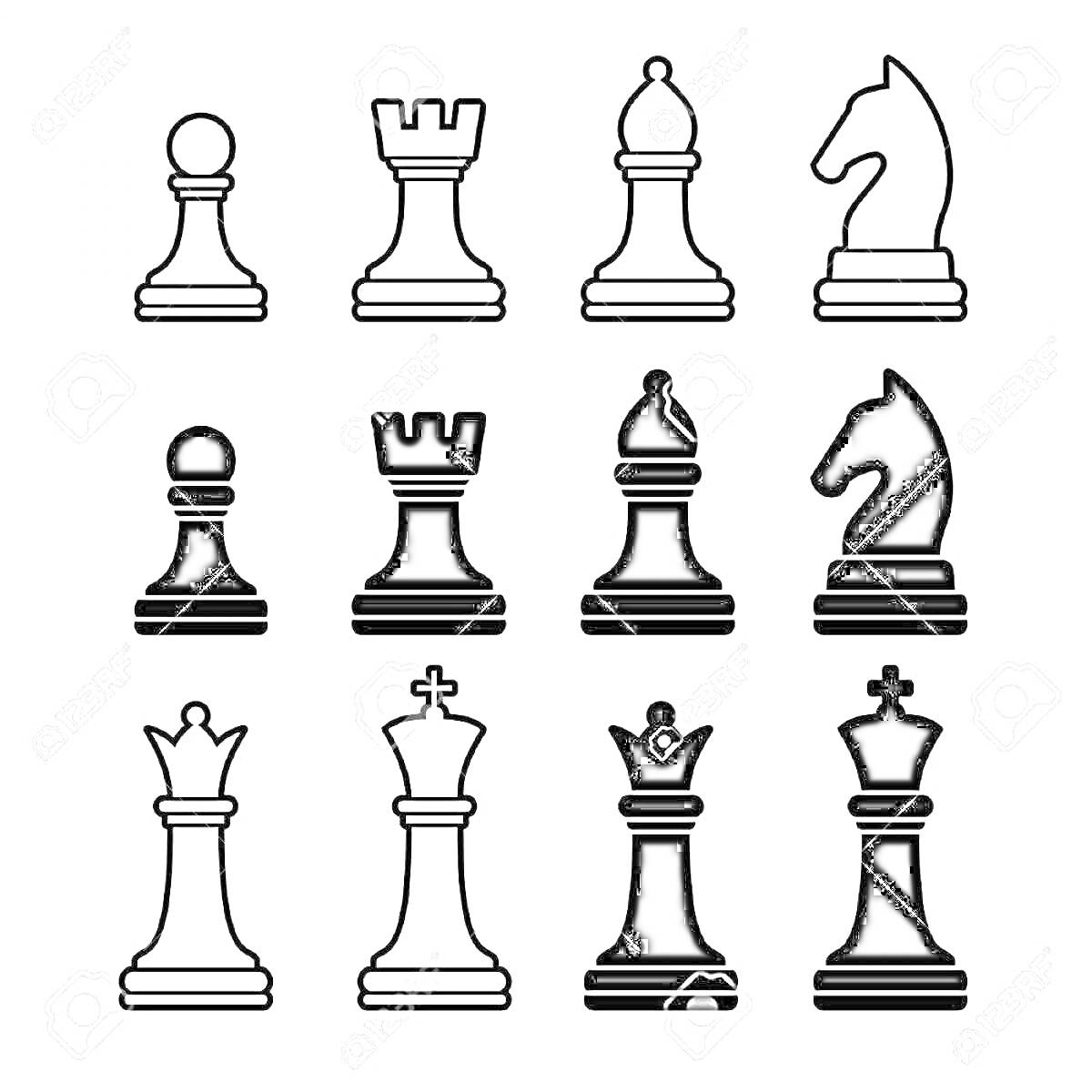 На раскраске изображено: Шахматы, Фигуры, Ферзь, Пешка, Ладья, Слон, Конь, Король