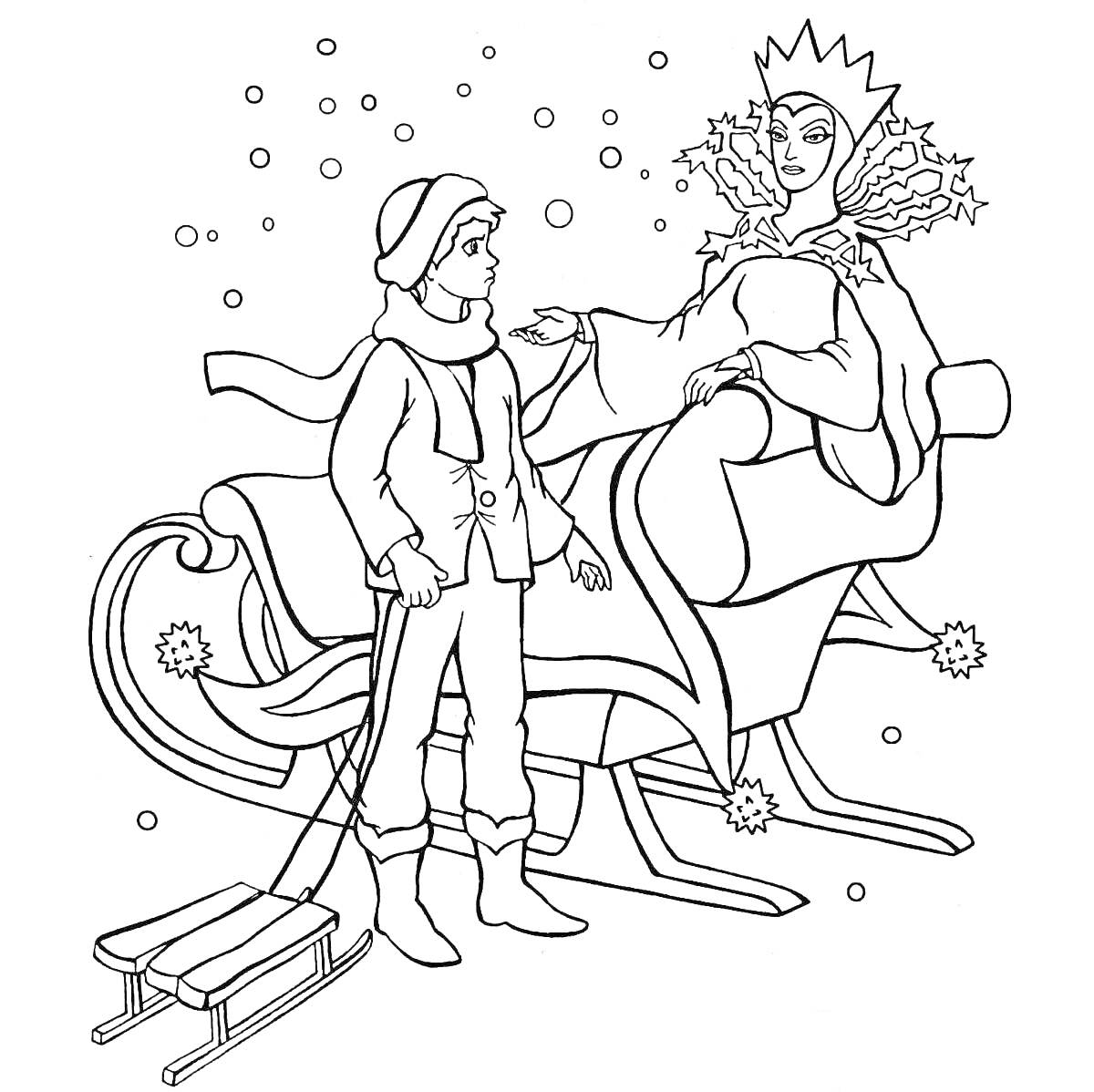 Раскраска Мальчик и Снежная Королева на санях в снегопад