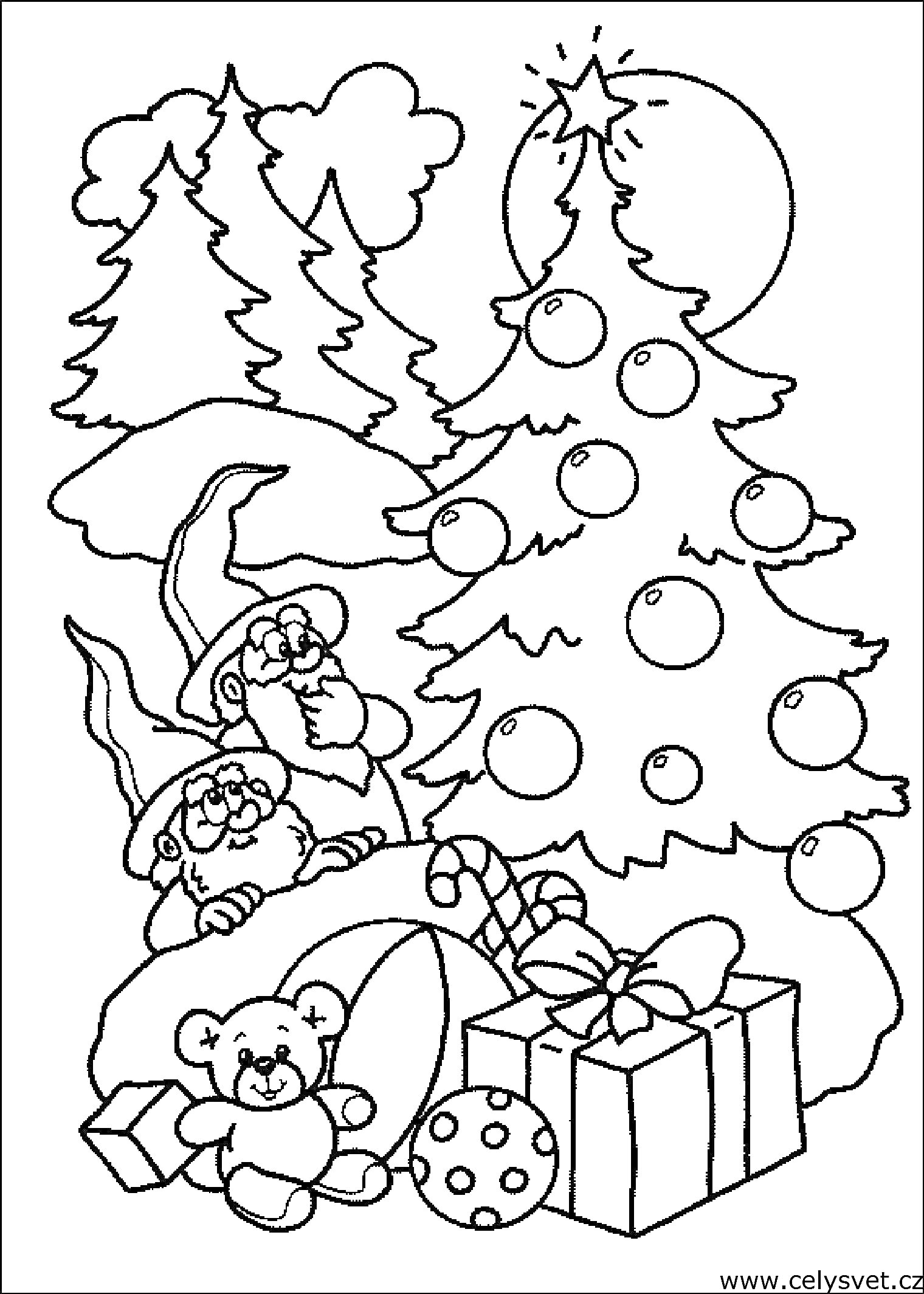 На раскраске изображено: Эльфы, Подарки, Игрушки, Новый год, Лес, Зимняя сцена, Для детей