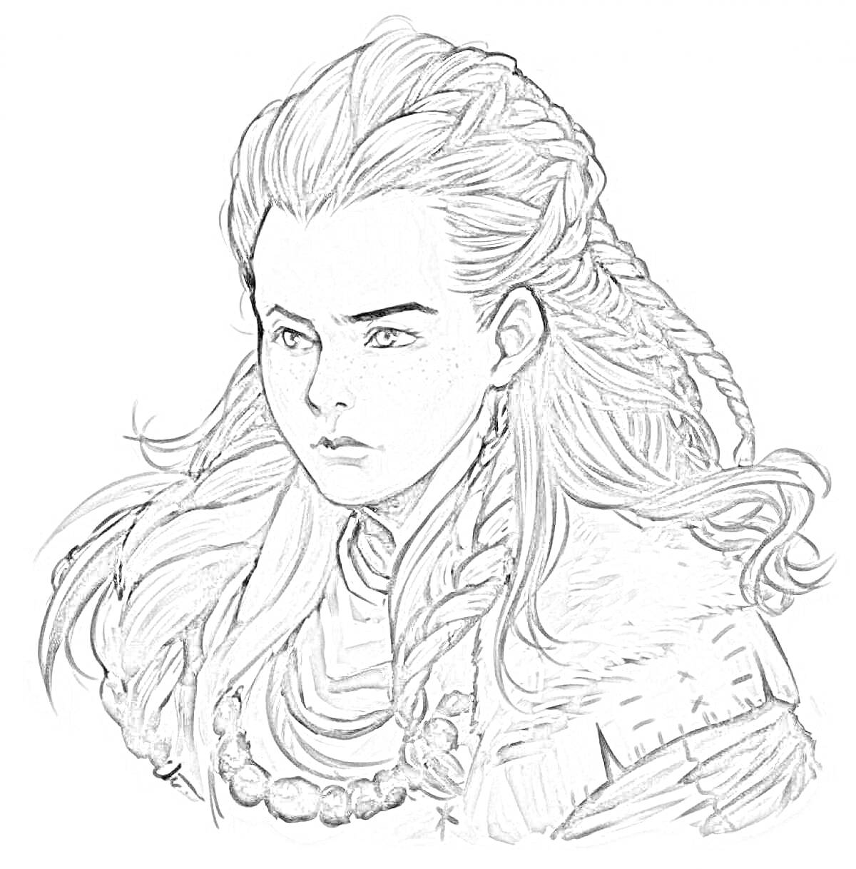 Раскраска Раскраска персонажа с игры Horizon Forbidden West с детализированным лицом и прической