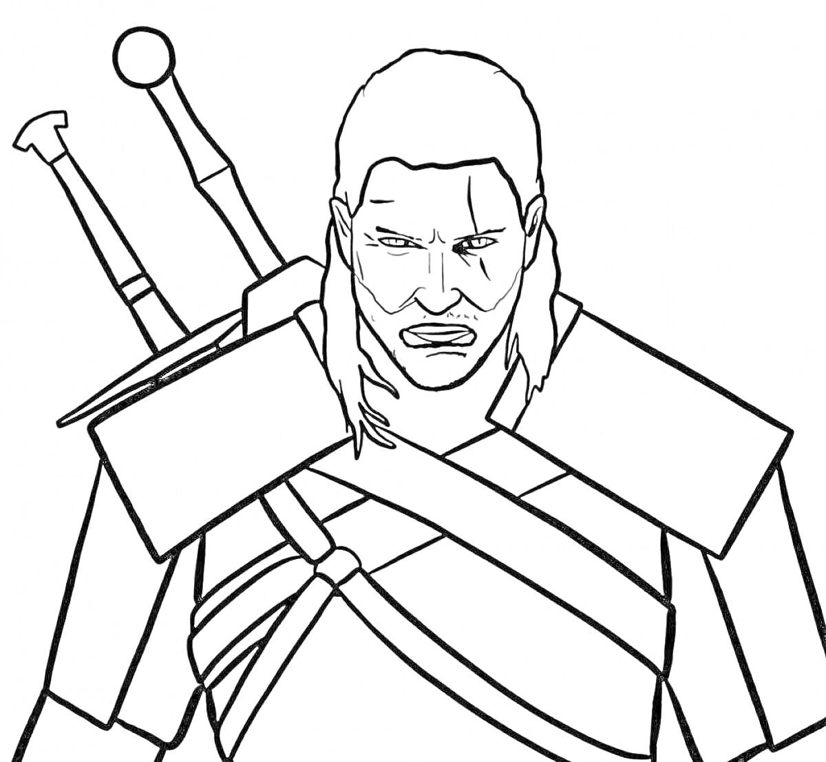 Раскраска Мужчина с длинными волосами в доспехах, с двумя мечами за спиной