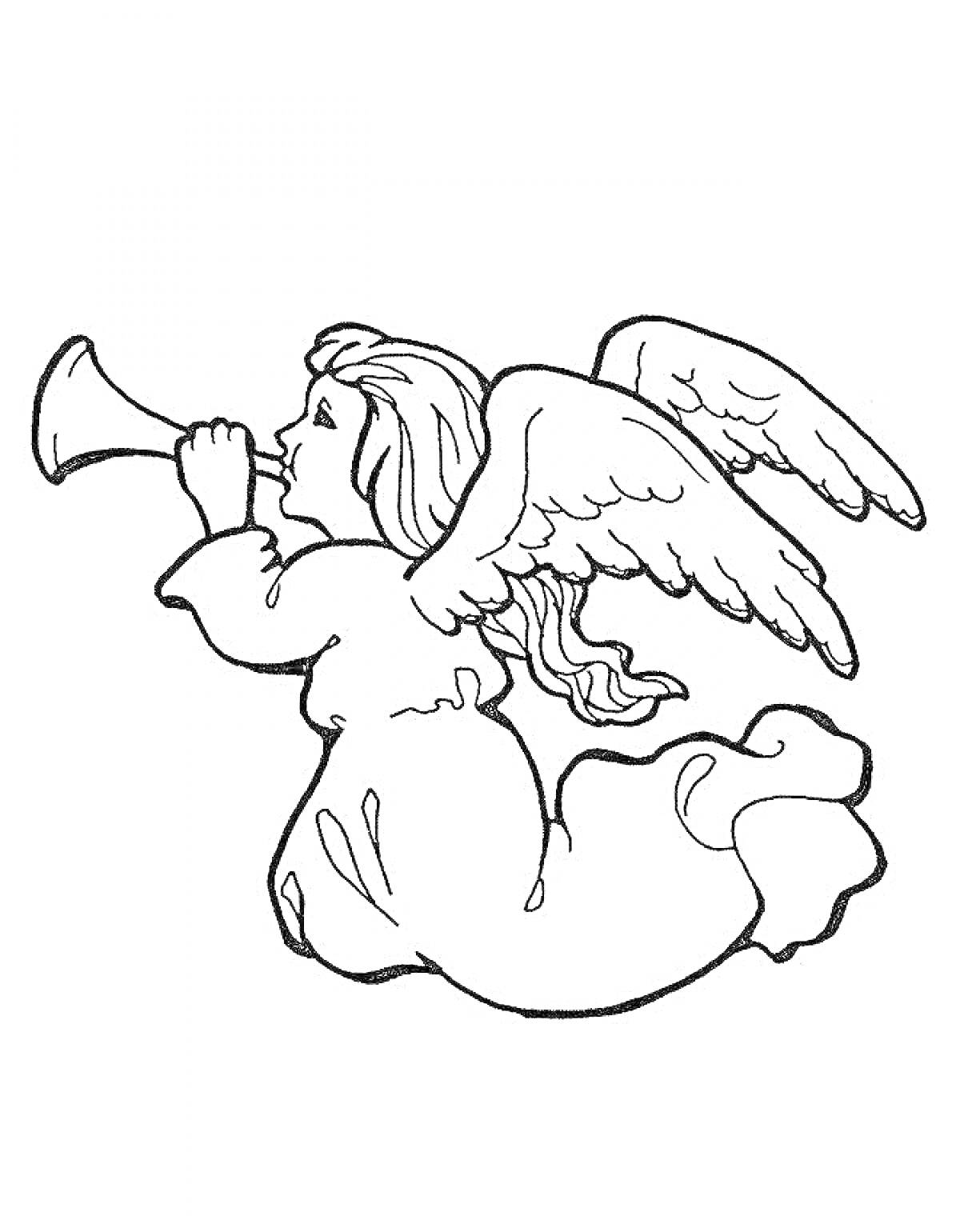 Раскраска Летящий ангелочек с трубой