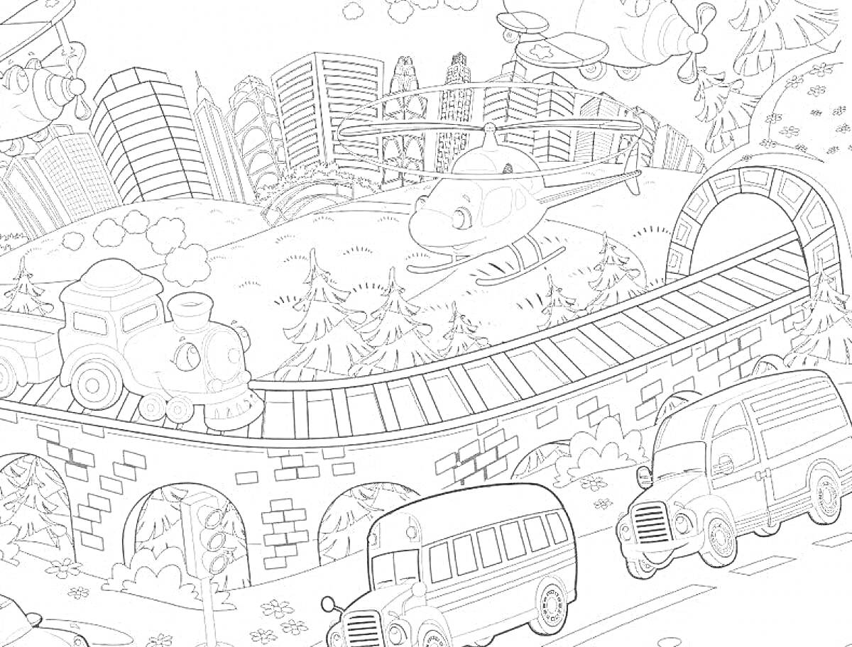На раскраске изображено: Машины, Поезд, Мост, Вертолет, Здания, Деревья, Автобус, Природа, Города, Грузовая машина, Дороги
