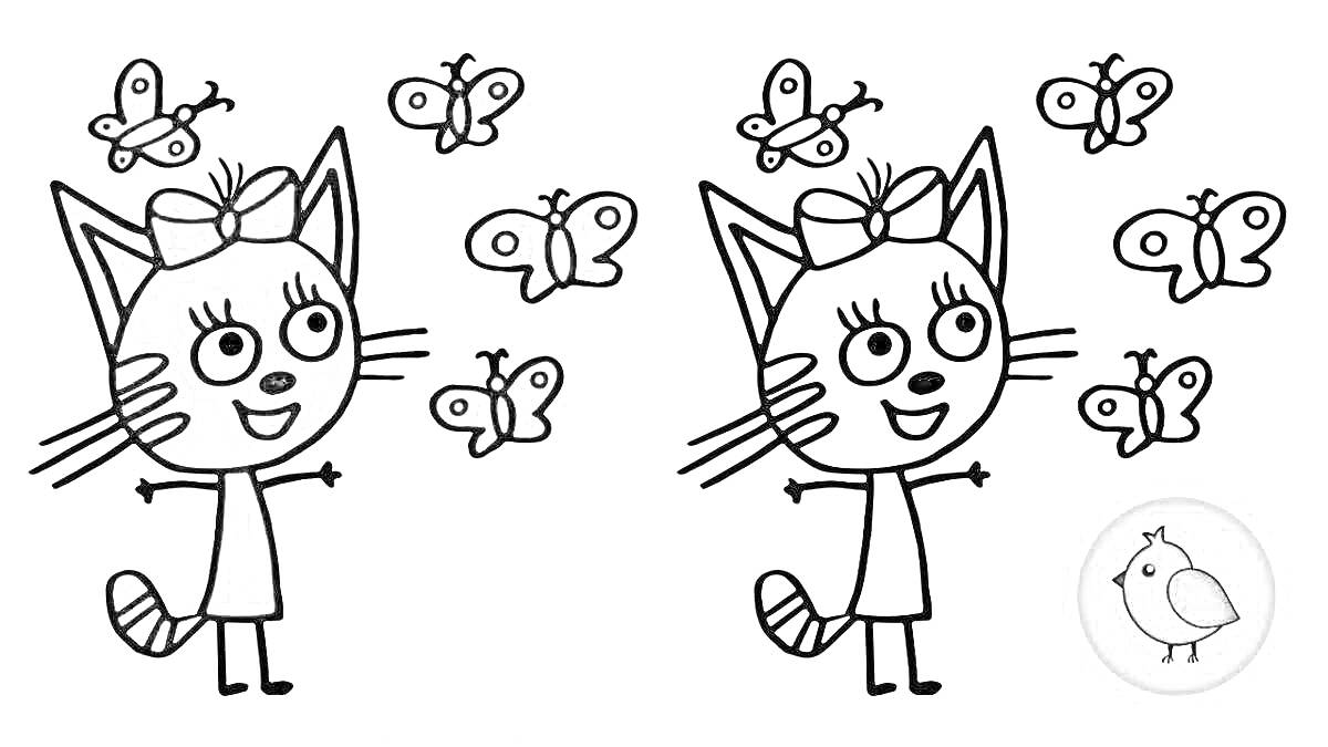На раскраске изображено: Три кота, Из мультфильмов, Для детей 2-3 лет, Для детей, Персонаж, Бабочка, Кот