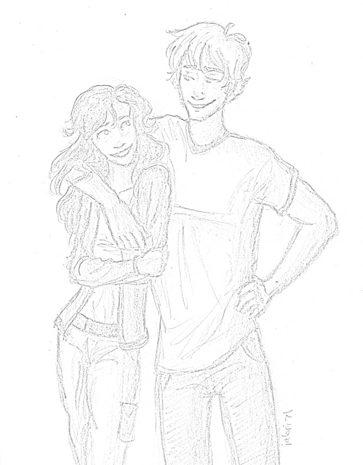 Раскраска Парень и девушка стоят рядом, парень приобнял девушку за плечо