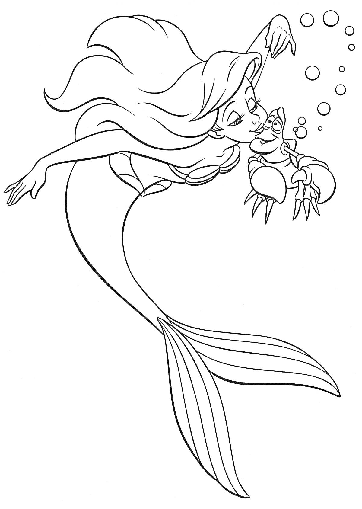 Раскраска Русалка Ариэль с крабом в подводном мире