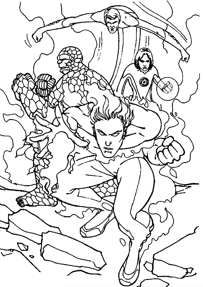 Раскраска Фантастическая четверка в боевой готовности: Человек-Факел, Существо, Мистер Фантастик, Невидимая Леди.