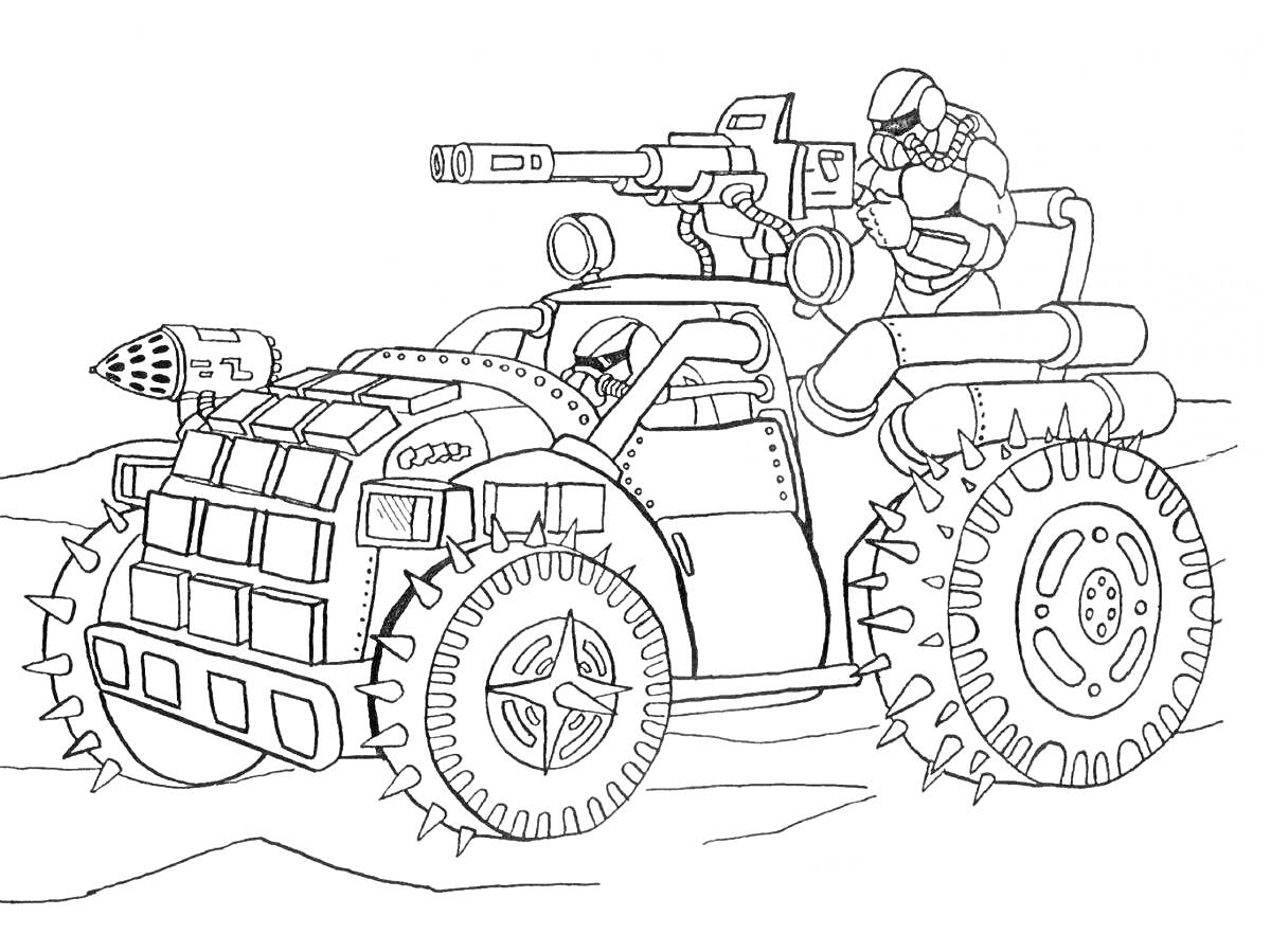 На раскраске изображено: Боевая машина, Внедорожник, Оружие, Человек, Пустыня