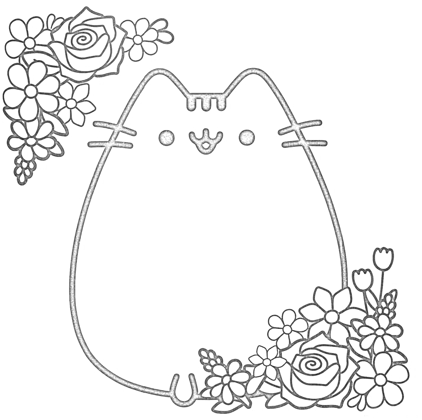 На раскраске изображено: Кот, Цветы, Розы, Цветочный узор, Милые