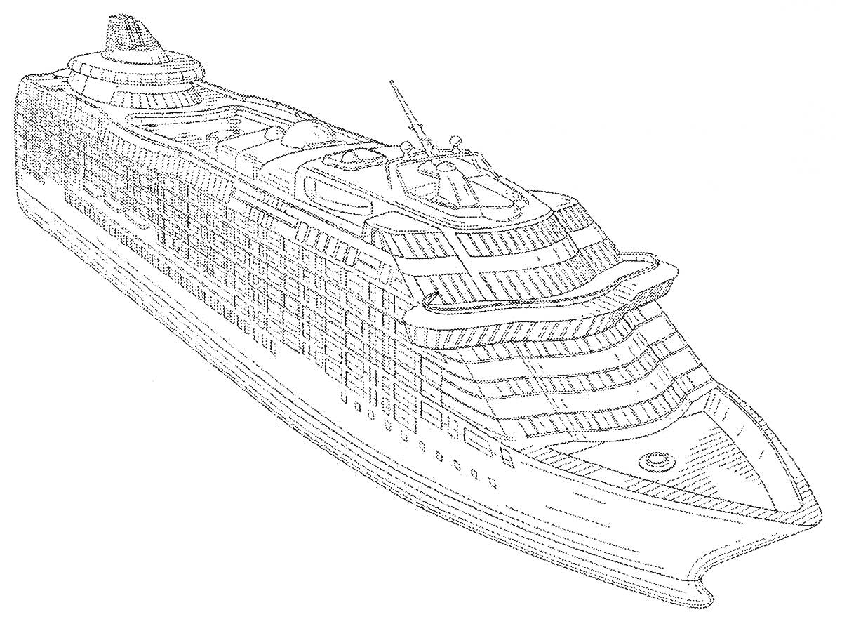 Круизный лайнер с иллюминаторами, палубами и надстройками