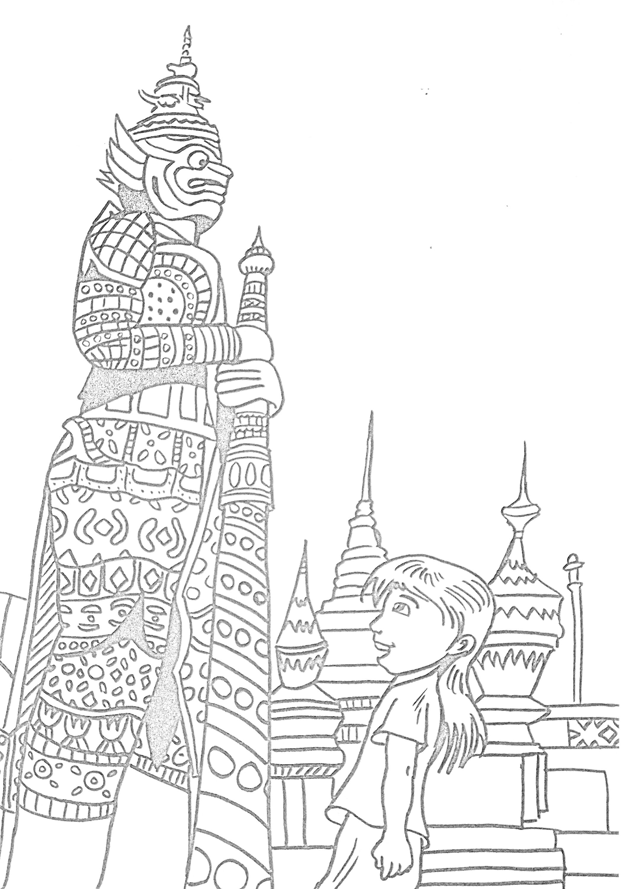 На раскраске изображено: Тайланд, Страж, Храм, Ребенок, Культура, Архитектура, Статуя, Буддизм