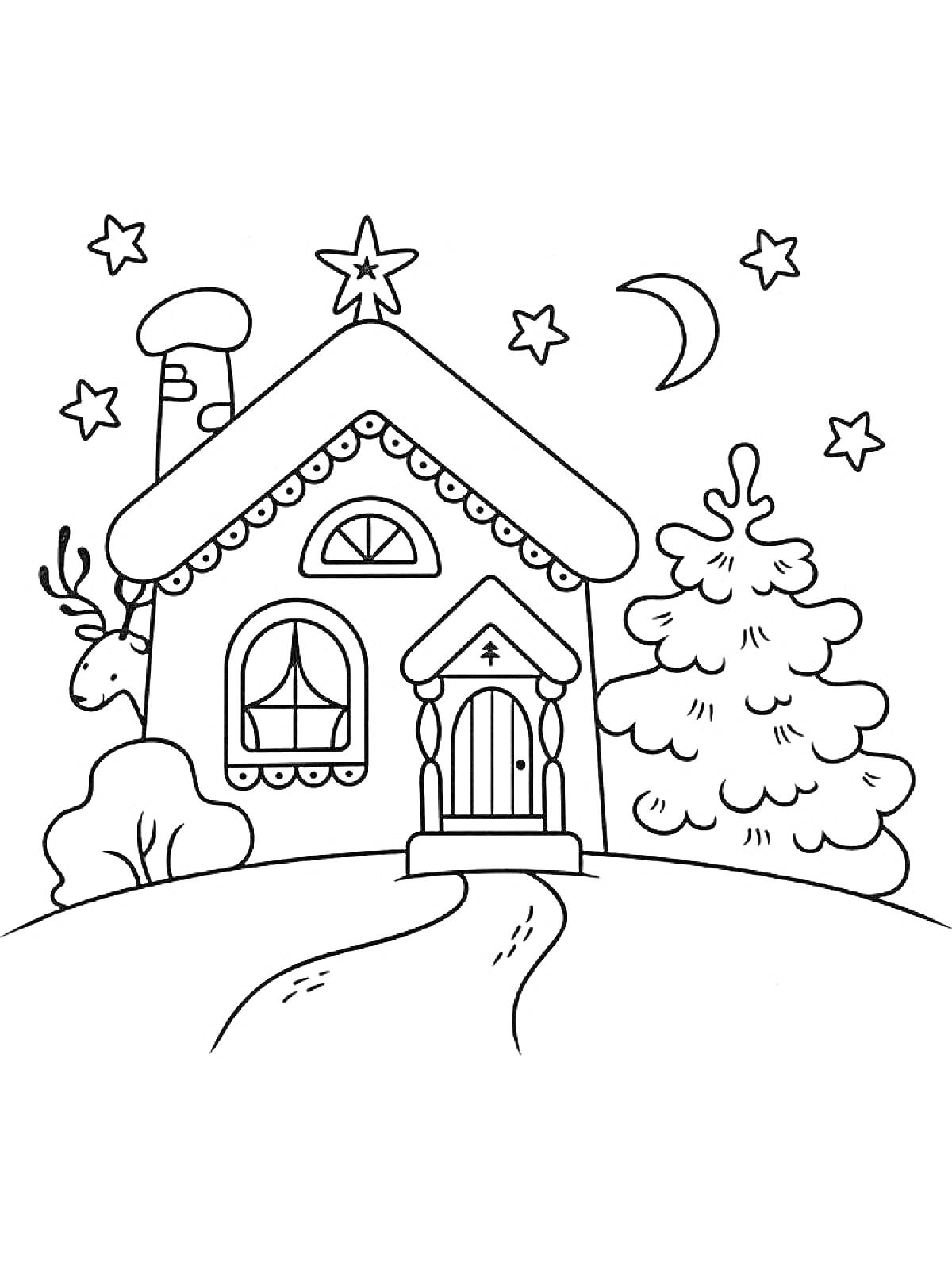 Раскраска Домик с трубой, рождественской ёлкой, звездным небом и оленем