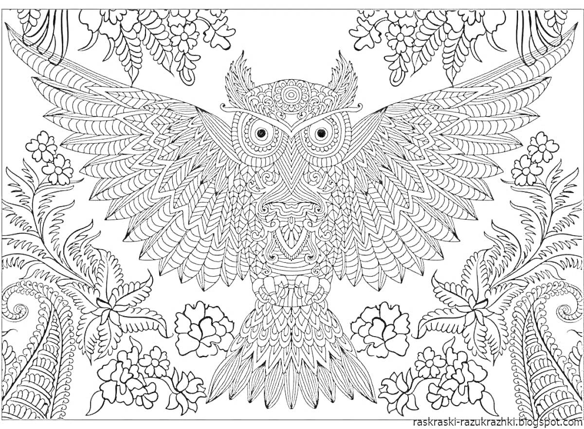 Раскраска Совиная мандала: филин с раскинутыми крыльями, в окружении листьев и цветов