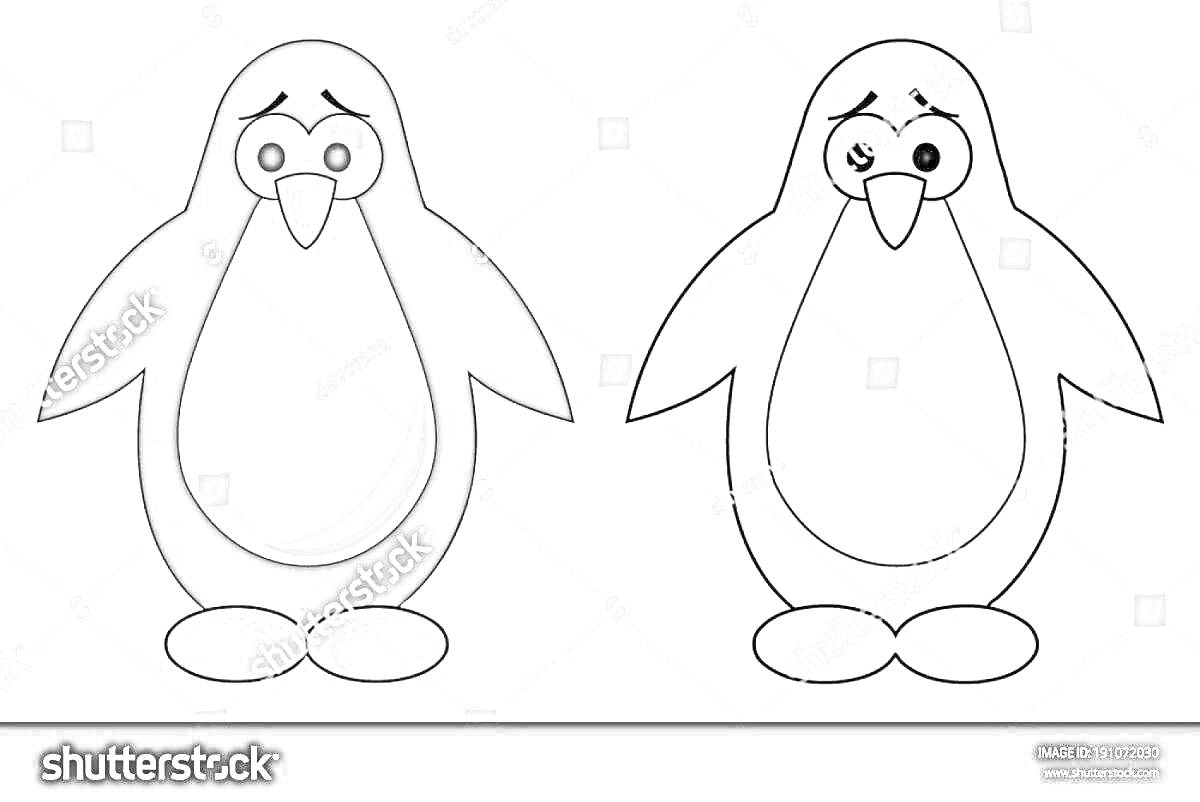 Пингвин на льдине, два изображения пингвина, одно раскрашенное, другое для раскрашивания