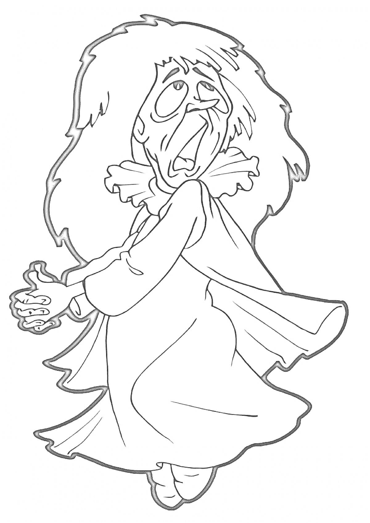 Раскраска Кикимора с длинными растрепанными волосами, в длинном платье и с вытянутыми руками