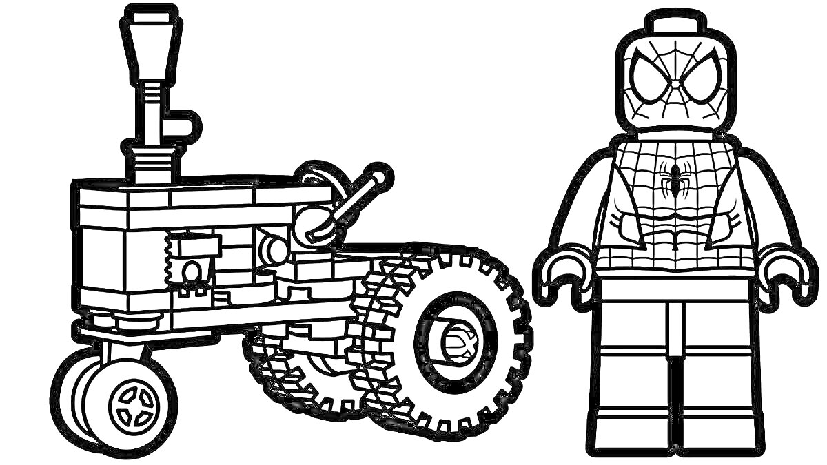 На раскраске изображено: Лего, Человек-паук, Трактор, Лего Сити