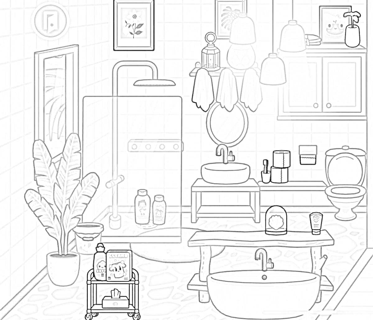 Раскраска Ванная комната в Тока Бока: душ с прозрачной дверью, большое растение в горшке, полочки с косметикой, двойной умывальник с тумбой, ванна на ножках, журнальный столик с косметикой, унитаз, настенные светильники, настенное зеркало, картины на стенах