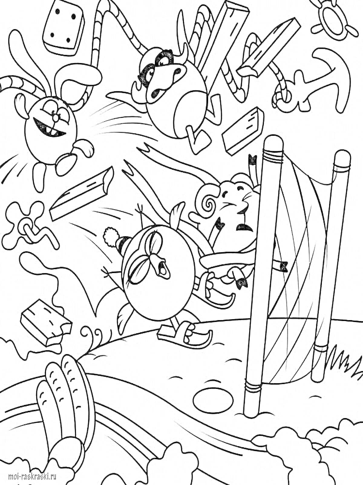 На раскраске изображено: Смешарики, Волейбол, Кирпичи, Спорт, Мультики, Игра, Прыжок, Для детей, Деревья