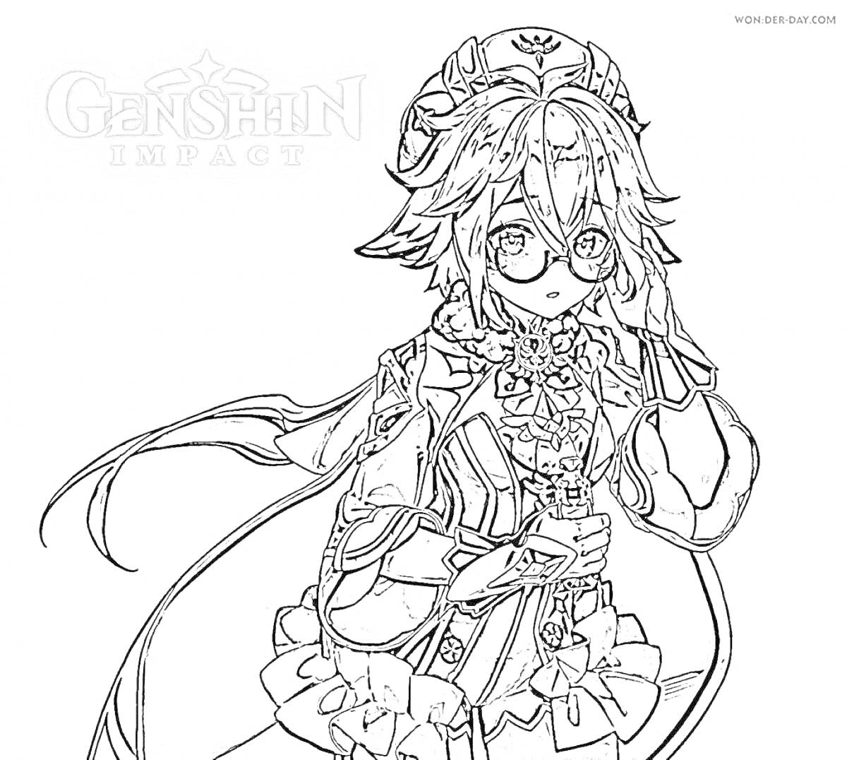Раскраска Персонаж из Genshin Impact с очками и длинными волосами