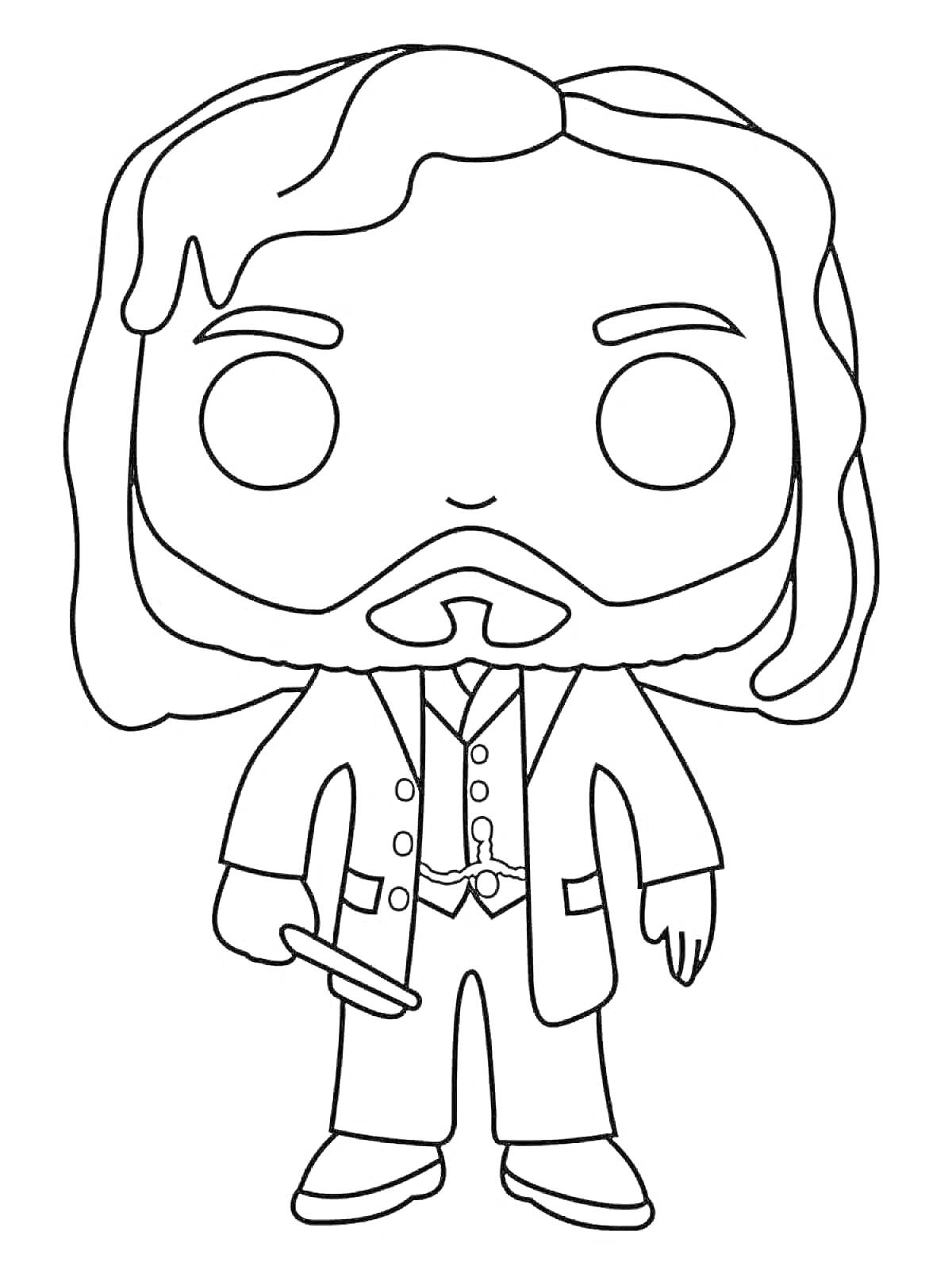 Сириус Блэк в виде фигурки Funko Pop с длинными волосами и бородой, в костюме с жилетом и галстуком, держащий палочку в правой руке.