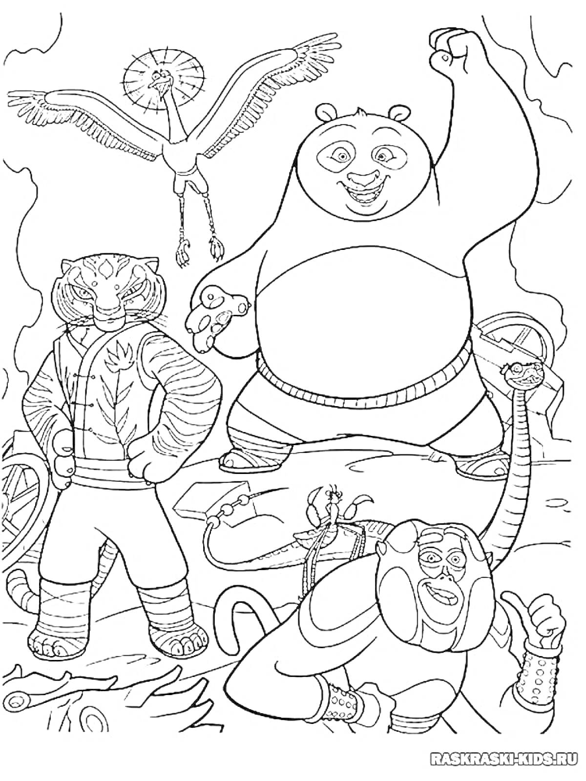 На раскраске изображено: Кунг-фу панда, Тигрица, Журавль, Горы, Боевые позы